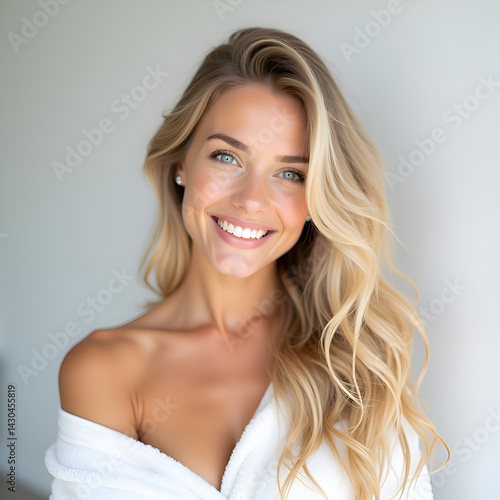 A realistic portrait of a smiling young woman with long, wavy blonde hair .