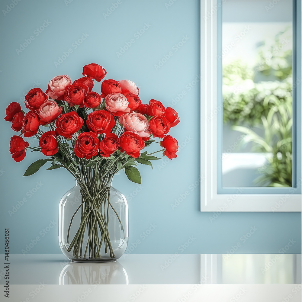 beautiful arrangement of red and pink roses in clear glass vase, set against light blue wall. vibrant colors of flowers create cheerful and inviting atmosphere, perfect for home decor