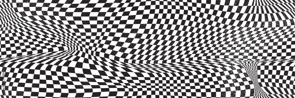 Psychedelic groovy checkered wavy seamless bg with noise texture. Black and white pattern with square pattern. Trippy vector illustration. Psychedelic groovy checkered wavy seamless bg with noise texture. Black and white pattern with square pattern. Trippy vector illustration.
