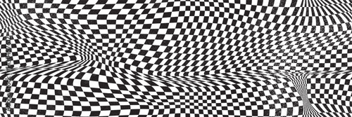 Psychedelic groovy checkered wavy seamless bg with noise texture. Black and white pattern with square pattern. Trippy vector illustration.