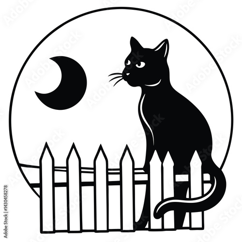 Black cat silhouette perched on a crooked fence under a full moon
