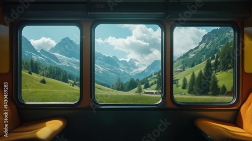 A serene view of mountains and lush greenery framed by three train windows, showcasing a picturesque landscape and inviting nature.
