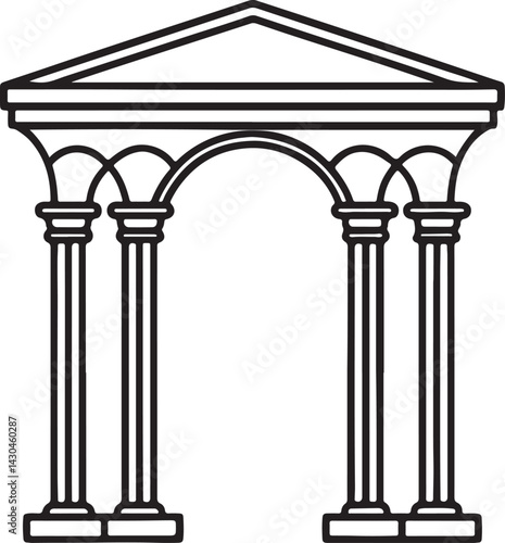 ornamental arch with columns line art, black outline, vector and illustration, coloring book page line art drawing