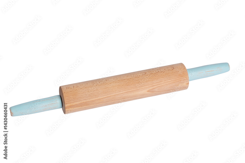 Wooden rolling pin with blue handles isolated, rolling pin template for making cookies and other flour dishes, PNG, transparent Wooden rolling pin with blue handles isolated, rolling pin template for making cookies and other flour dishes, PNG, transparent