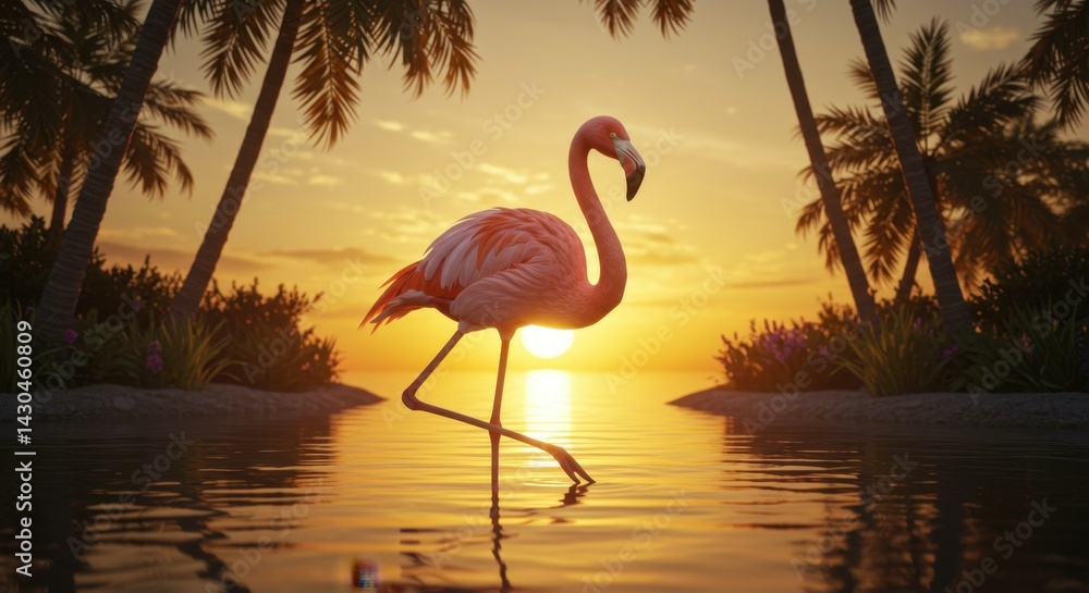 Fototapeta premium Flamingo walking at sunset in a lagoon with palm trees and orange sky