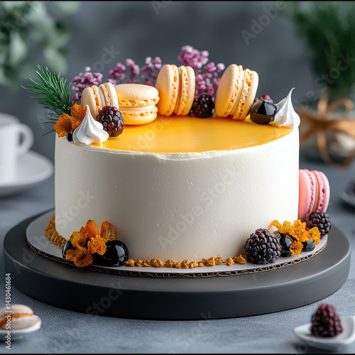 beautifully decorated cake featuring smooth white frosting, topped with vibrant macarons, fresh blackberries, and edible flowers, creating elegant and inviting dessert display