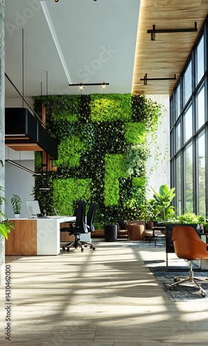 Modern office interior featuring a vibrant green wall, stylish furniture, and ample natural light