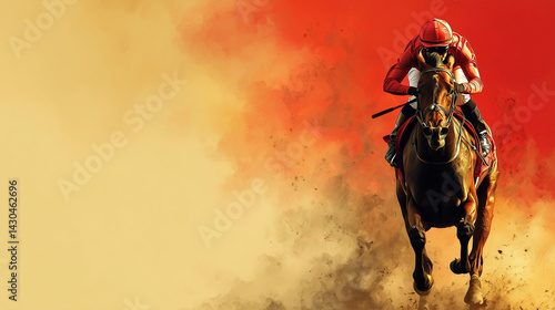 jockey and racehorse banner jumping at finish line red to gold background gradient with empty space on the left