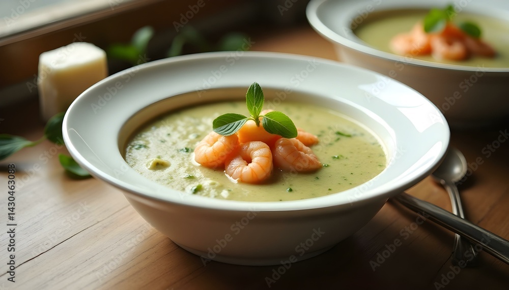 spinach cream soup with shrimp in a white bowls spinach cream soup with shrimp in a white bowls