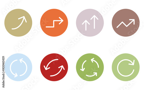 カラフルでかわいいシンプルな矢印アイコンのセット、成長とリピート（丸ボタンタイプ）