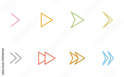 カラフルでかわいいシンプルな矢印アイコンのセット、三角・再生・早送り