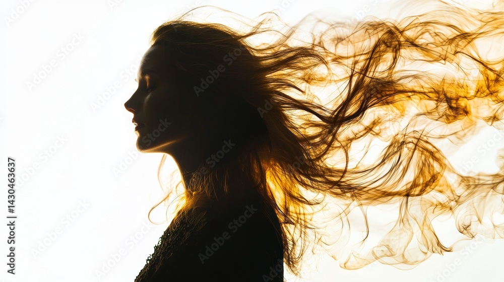 Naklejka premium Beautiful silhouette of a woman with flowing hair against a bright background during golden hour