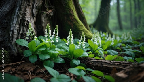 Fototapeta Naklejka Na Ścianę i Meble -  Flowering wood sorrel thriving beneath a forest tree in spring