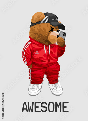 awesome slogan with cool bear doll in red tracksuit vector illustration created by hand drawn