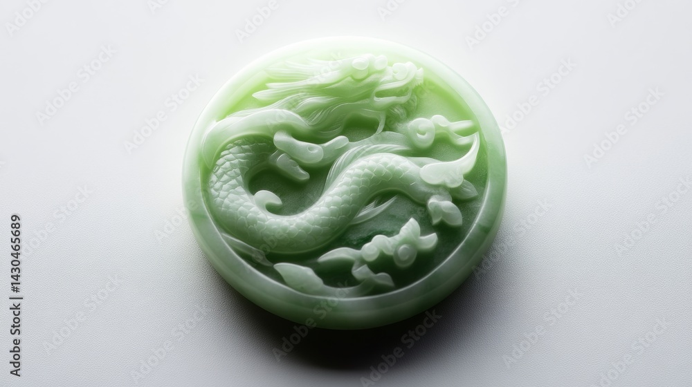 Fototapeta premium A beautifully carved jade pendant with intricate Chinese motifs, glowing under soft lighting, isolated on a white background,