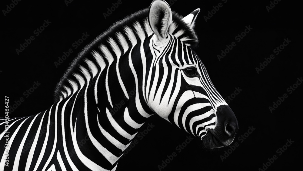Fototapeta premium Zebra head profile portrait in black and white art photography with striped animal pattern and monochrome wallpaper