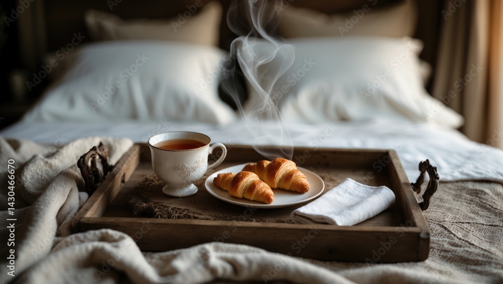 Luxurious white hotel bedroom with cozy breakfast ambiance and tea