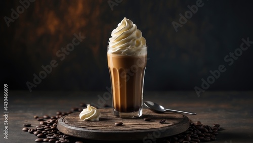 Obraz na płótnie Transparent glass of coffee topped with air cream on a wooden base. An unused spoon with cream rests on the table. Coffee beans are in the backdrop. Dark setting, area available for text. w salonie