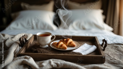 Obraz na płótnie Luxurious white hotel bedroom with cozy breakfast ambiance and tea w salonie