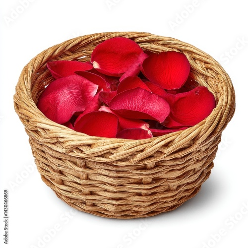 Red Rose Petals in Woven Basket with Natural Light on White Seamless Background