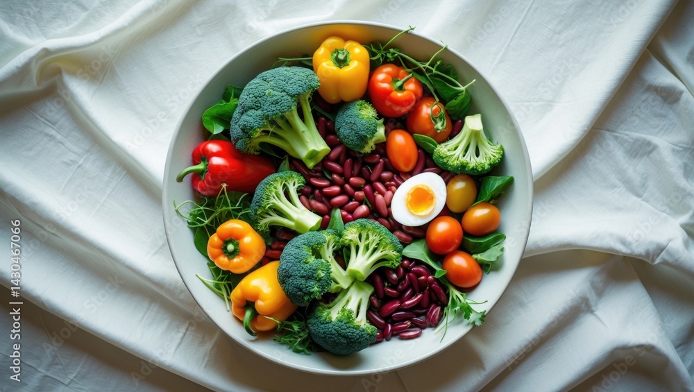 Concept of World Food Day and Vegetarian Day. Bowl of Breakfast on White Table.