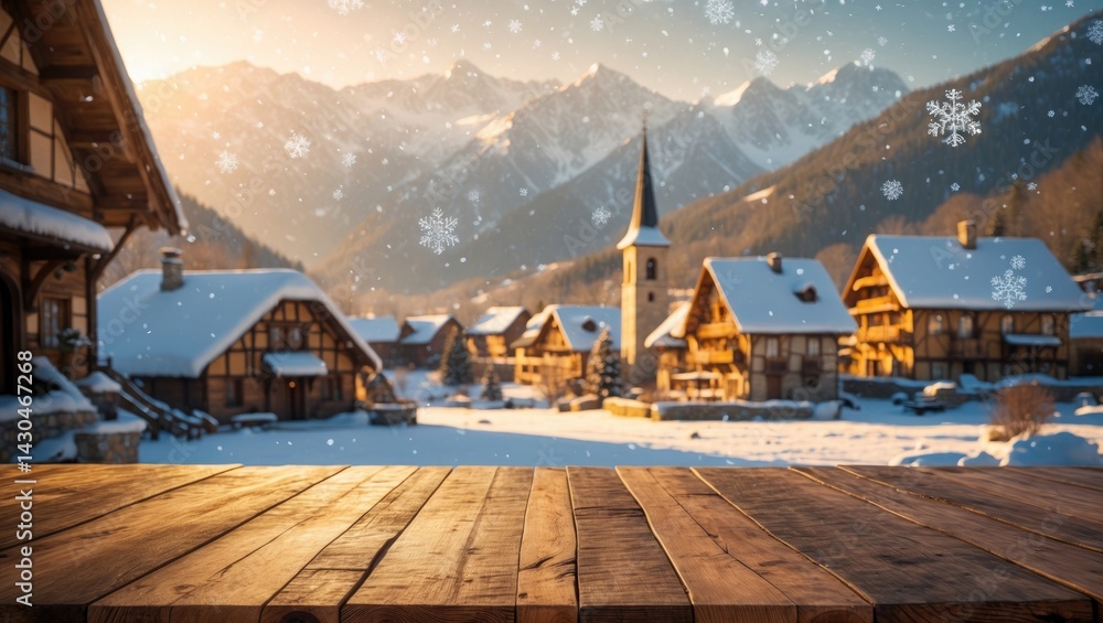 Wooden tabletop showcasing an open area with snow and sunlight.