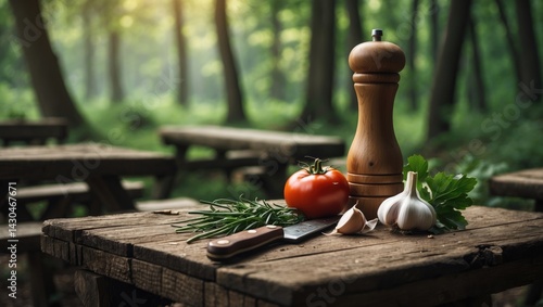 Obraz na płótnie Old brown wooden table for your decoration in free space with grill party in the garden on a sunny warm day with healthy nutrition photo w salonie