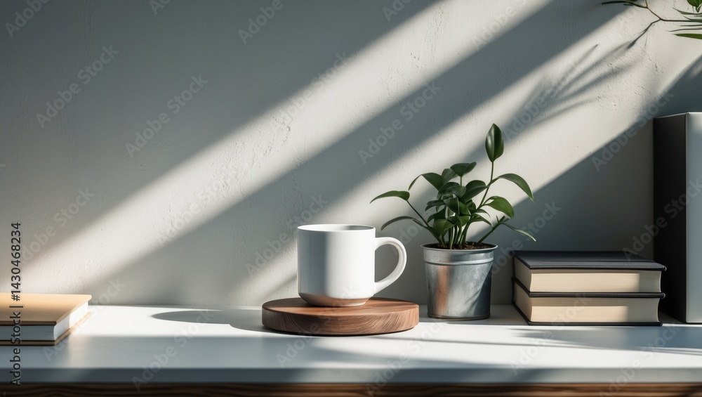Work area featuring supplies and blank space on wooden tabletop
