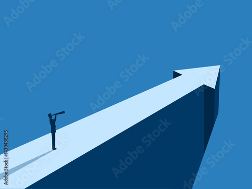 Businessman looking at a telescope on the tip of an arrow pointing in the direction of the future