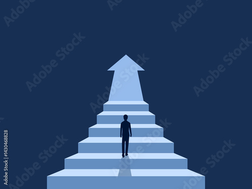 Businessman walks up stairs arrows pointing to the future
