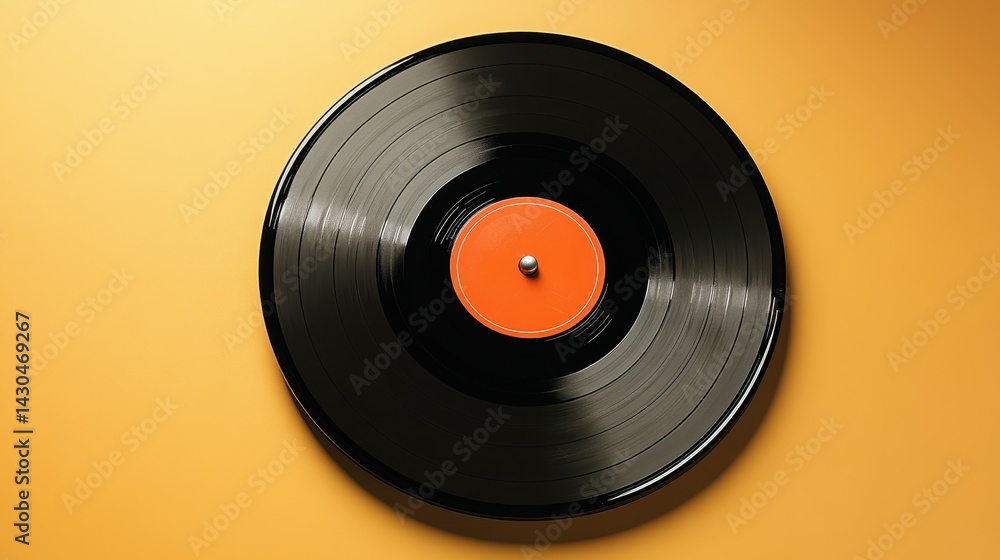 Fototapeta premium Classic black vinyl record on a vibrant orange background.