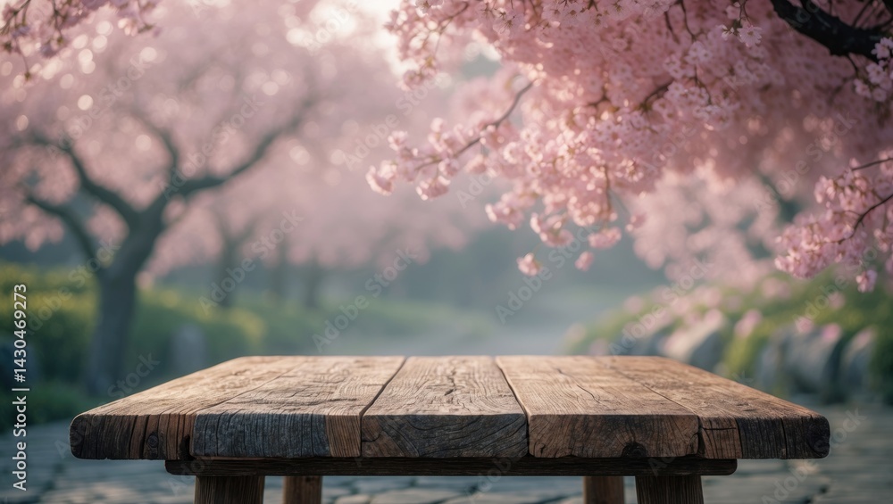 Wooden table set against blossom tree landscape for product display and presentation