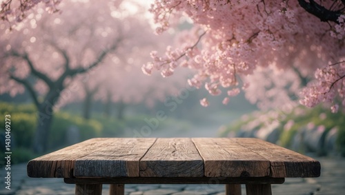 Wooden table set against blossom tree landscape for product display and presentation