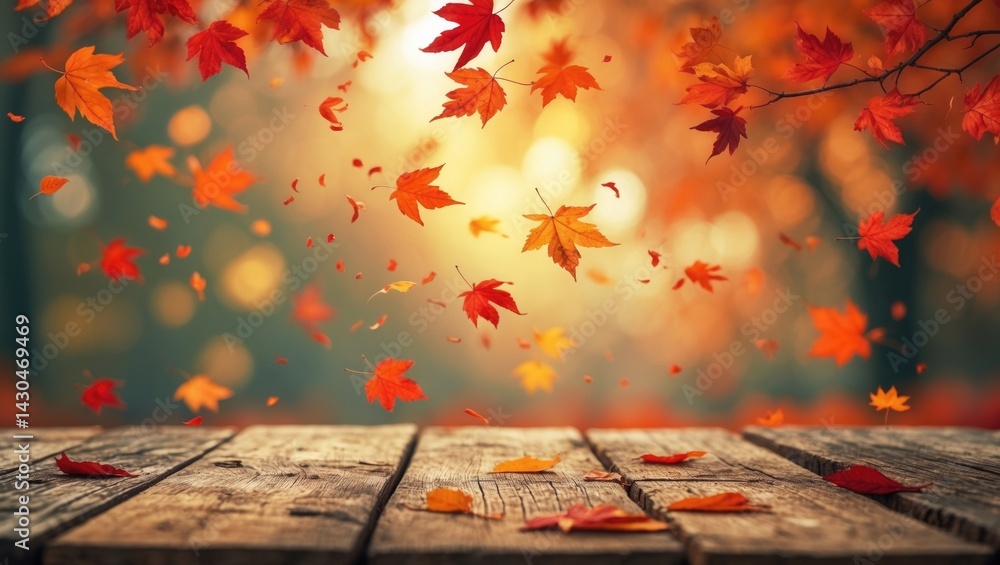 Blurred Background with Wooden Table and Leaves Concept