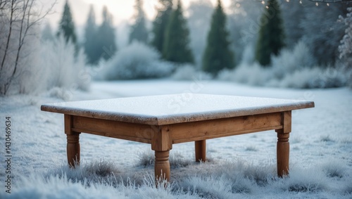 Obraz na płótnie Snow and frost on a wooden table cover. Vacant area for your decor. Natural lighting and countryside scenery. w salonie