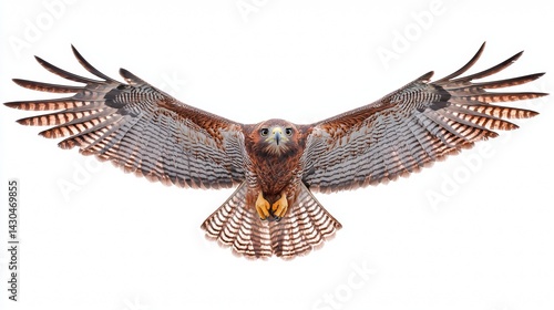 Majestic red-tailed hawk soaring with outstretched wings against a white background showcasing its beauty and strength