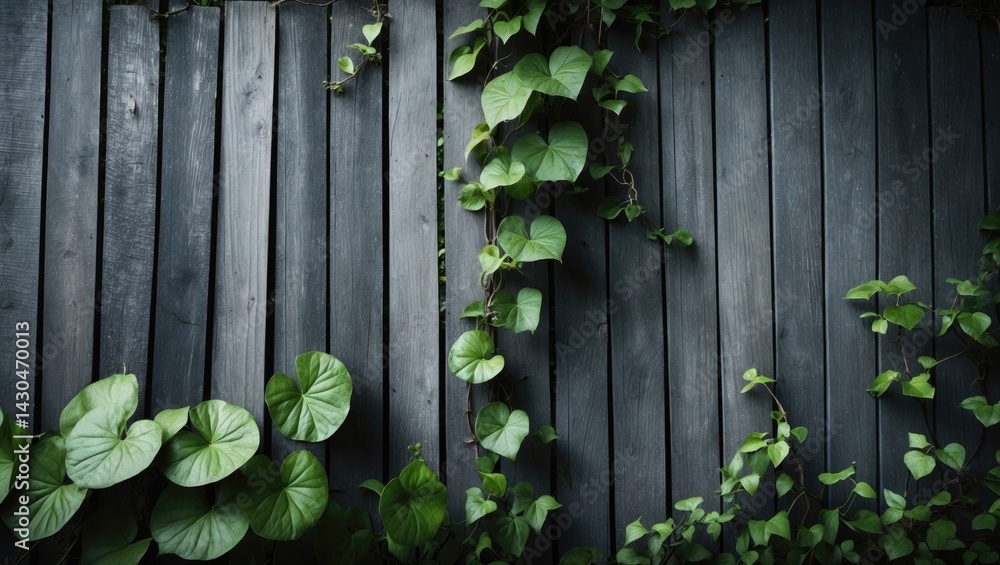 Wooden plank backdrop adorned with climbing vines and green leaves
