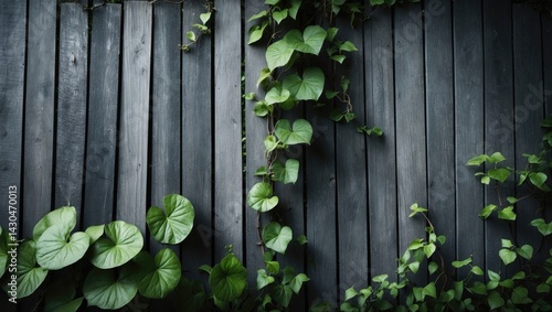 Wooden plank backdrop adorned with climbing vines and green leaves