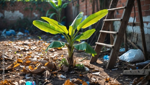 Obraz na płótnie A small banana plant thriving beside a decaying wooden ladder outdoors amid dried leaves and scattered trash. w salonie