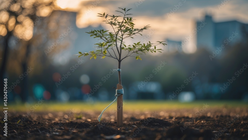 Wooden braces for stabilizing newly planted young trees. Urban plant support