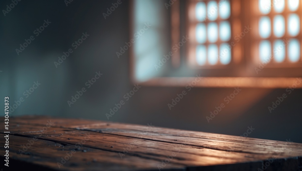 Uncluttered wooden table ready for your decor. Softly blurred home interior featuring a window and room for your product.
