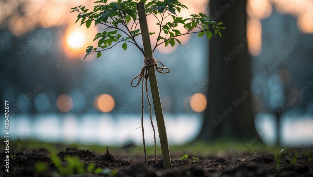 Wooden supports for securing newly planted young trees. Urban plant reinforcement