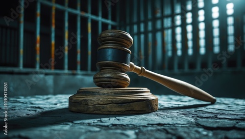 This image illustrates the verdict from the prosecution leading to a life sentence. A gavel strikes a round block while a prison cell looms in the background, embodying justice, judgment, punishment,