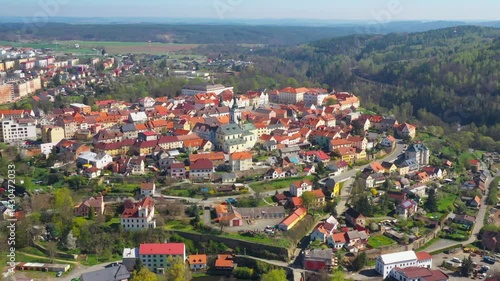 Aerial view to historic center of Stribro town. Medieval city from 12th century. It has about 8,100 inhabitants. Amazing tourist destination near Slavkovsky les. Czech Republic, Central Europe.