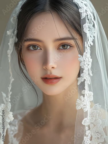 Obraz na płótnie beautiful woman with long hair wearing delicate lace veil, showcasing serene expression and flawless skin. soft lighting enhances her features, creating ethereal look w salonie
