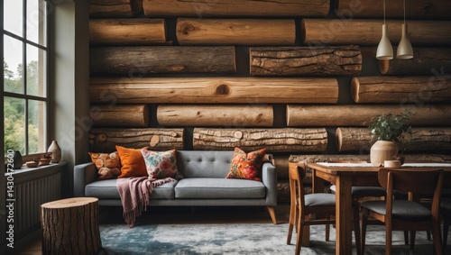 Warm interior design featuring wooden log textured wallpaper in a modern dining room with sofa, rug, and tree stump decor
