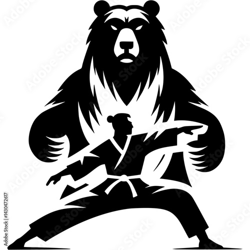 Sport emblem of bear style kung fu master in monochrome. Engraving minimalistic vector in black ink drawing on transparent background