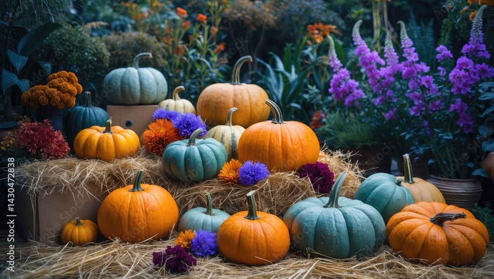 Autumn backdrop featuring still life with various pumpkins, flowers, hay, and dried floral arrangements Autumn backdrop featuring still life with various pumpkins, flowers, hay, and dried floral arrangements