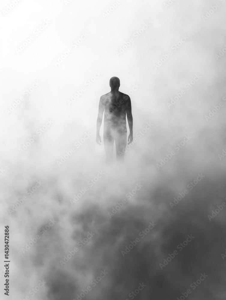 Fototapeta premium Silhouette of a Human Figure Emerging From Thick Fog in a Mysterious Black and White Setting Generative AI