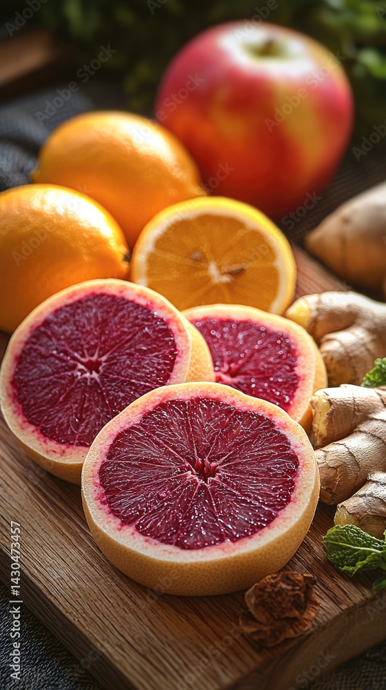 Fresh fruits including blood oranges, lemons, and apple are beautifully arranged on wooden cutting board, showcasing vibrant colors and textures. scene evokes sense of freshness and health